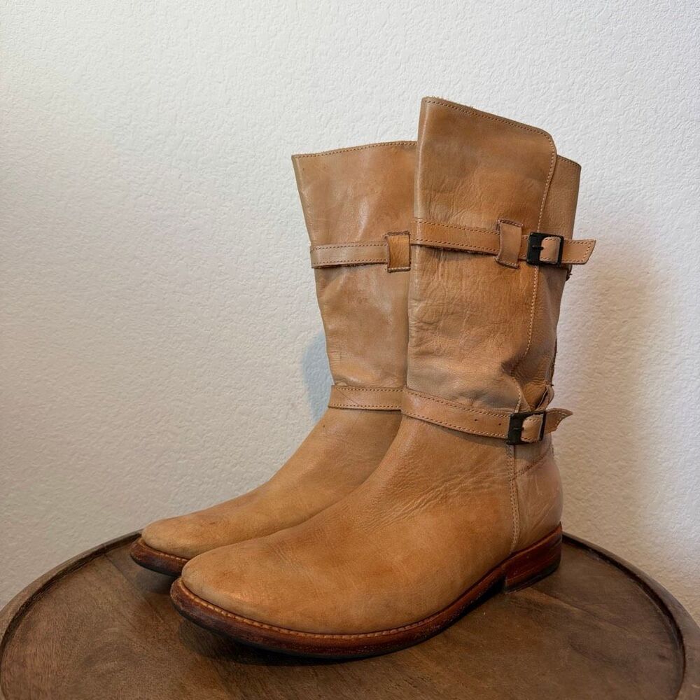 Bed Stu Rustic Tan Mid-Calf Double Buckle Moto Motorcycle Boots Women's Size 9.5